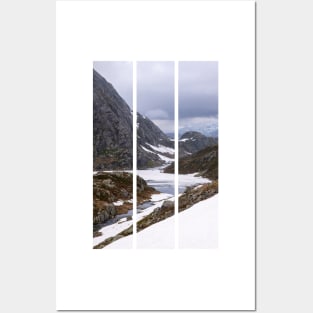 Wonderful landscapes in Norway. Vestland. Beautiful scenery on the Ryfylke scenic route. Mountains, rocks and snow in background. Cloudy day (vertical) Posters and Art